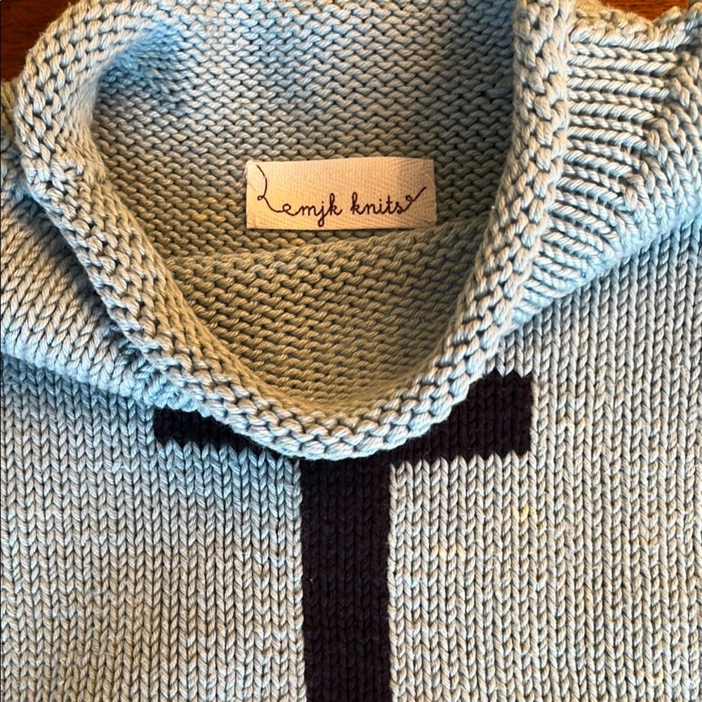 Blue Knit Sweater with Textured Collar